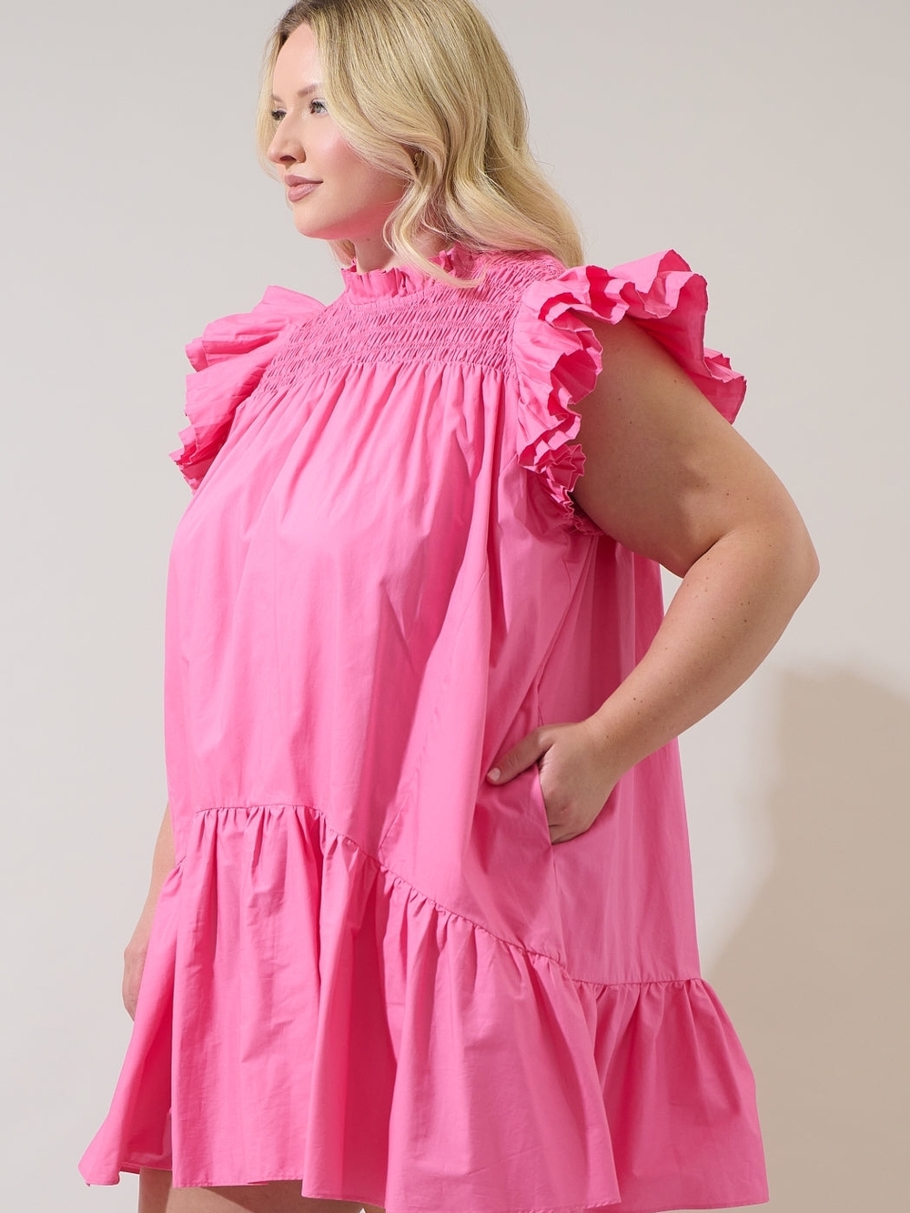 NWT 1X Sugarlips Bubblegum Pink Smocked Ruffle Mini Dress Luxe MSRP $119 - Picture 3 of 5